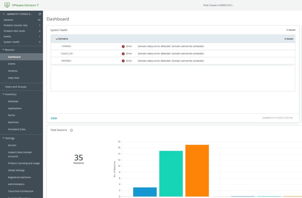 Remove domain status errors in VMware Horizon