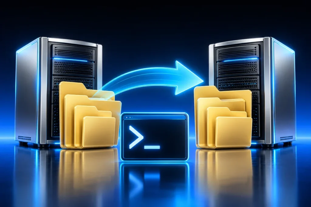 Windows Server File Migration: Fix Long-Path Errors with Robocopy Conceptual illustration: two silver enterprise file servers linked by a cyan transfer arrow, nested gold folders and a blue command prompt tile.