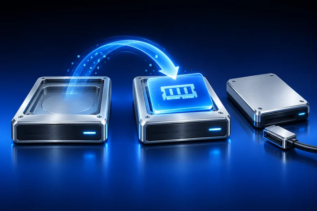 Conceptual illustration: a blue virtual memory tile relocating from one silver data volume to another; an emptied former drive and a safe detach connector.