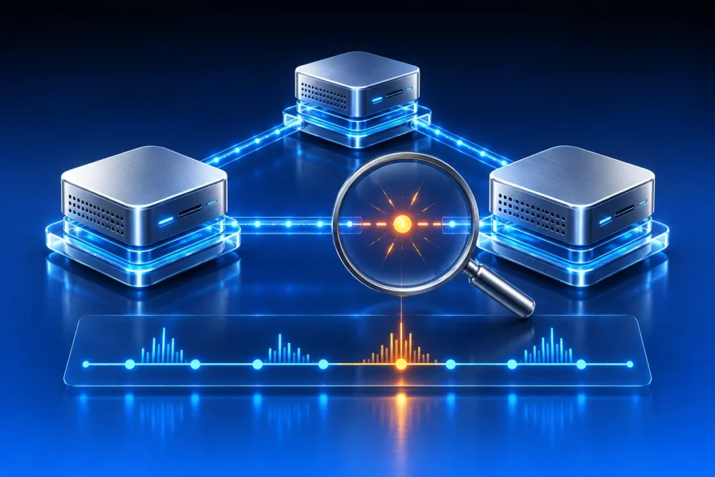 Azure Local Network Troubleshooting: Find When Connectivity Failed Conceptual illustration: three silver hybrid infrastructure nodes joined by blue network paths, one amber break point under a magnifying lens and an abstract event timeline.
