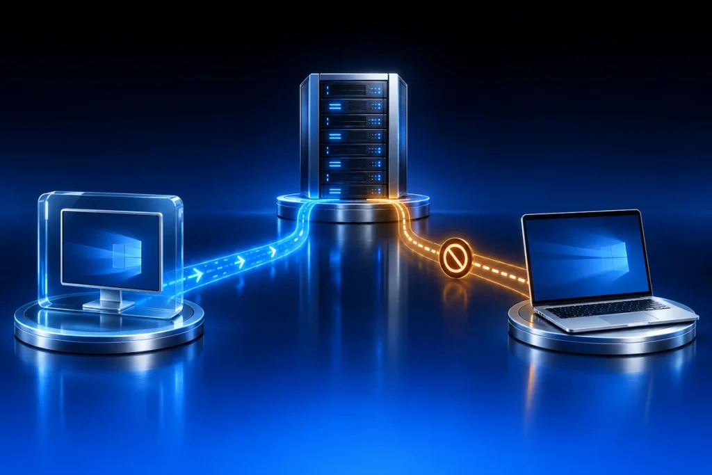RDP Works from Horizon but Not Your Laptop: What to Check Conceptual illustration: a silver laptop and a virtual desktop reaching the same server via separate network paths, one blue and one paused amber path.