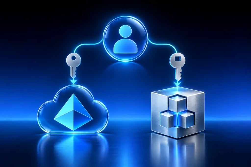 Conceptual illustration: a blue user badge branching toward a cloud identity directory and a silver infrastructure resource cube, two clearly separate keys.