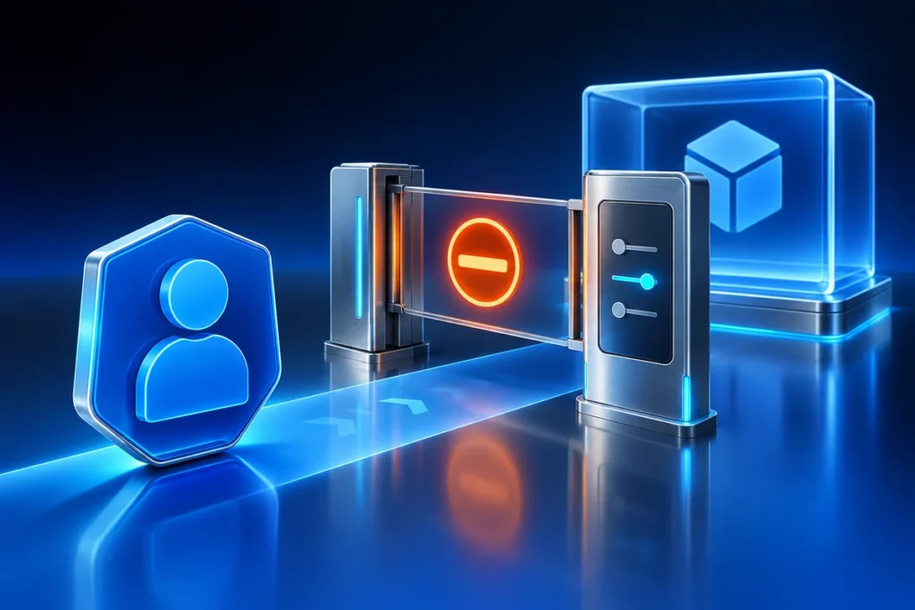 Azure RBAC Conditions: Why Your Role Assignment Is Blocked Conceptual illustration: a blue role badge approaching a resource access gate with an adjustable condition slider and a small amber stop indicator.