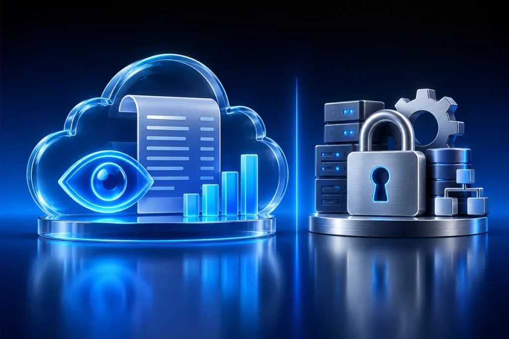 Conceptual illustration: a glass cloud billing ledger with a blue visibility eye and a small finance chart, separated from the locked infrastructure control gear.