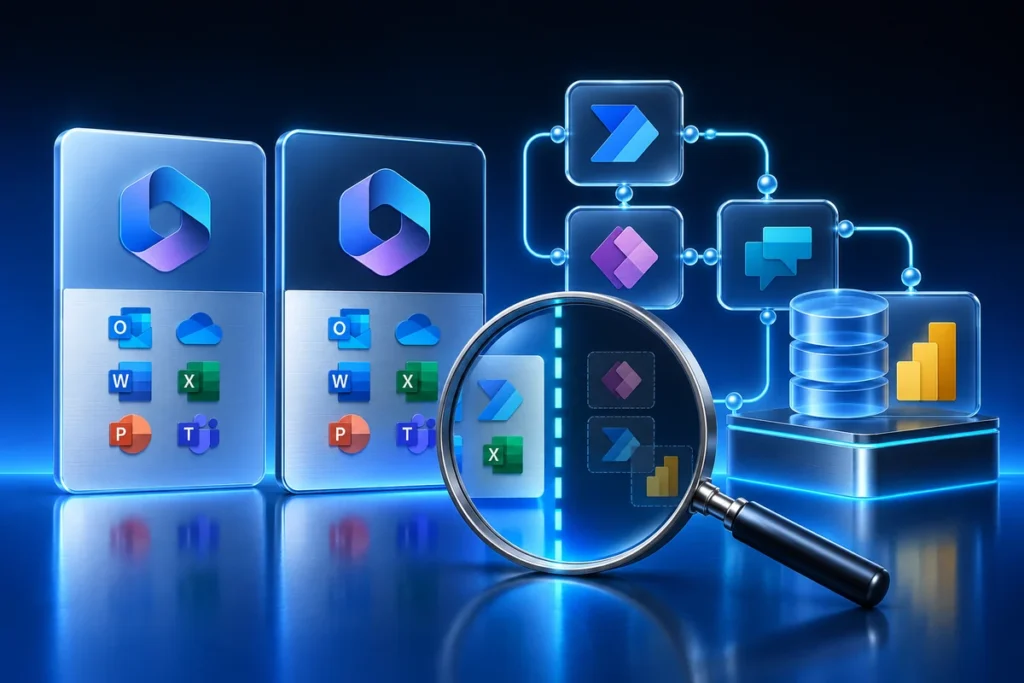 Microsoft 365 E3 and E5: Where Power Platform Licensing Ends Conceptual illustration: two neutral blue enterprise license cards beside automation-flow nodes and a data platform tile, a magnifying lens clarifying boundaries.