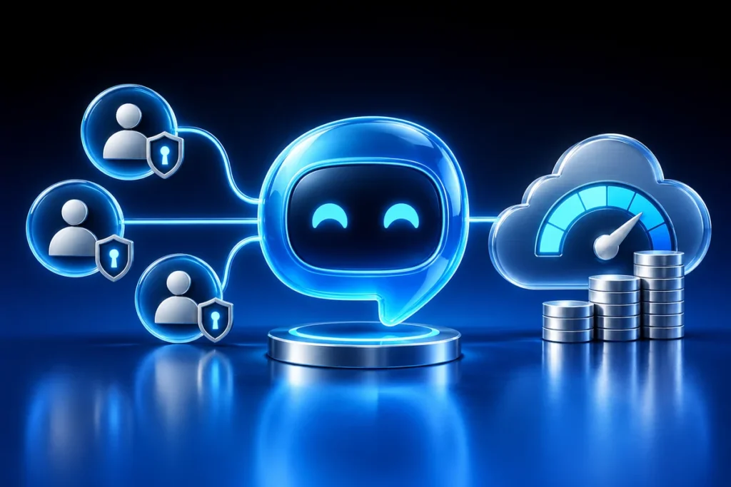Copilot Studio Agents: Plan User Access and Pay-As-You-Go Billing Conceptual illustration: a blue conversational agent bubble linked to user access badges and a metered cloud billing gauge.