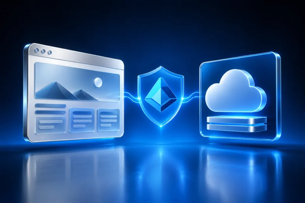 Deploy an Azure Static Web App with Microsoft Entra SSO Conceptual illustration: a floating silver website window connected through a blue identity shield to a cloud deployment tile.