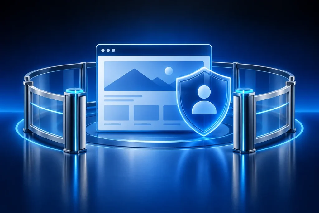 Secure Azure Static Web Apps with IP Rules and Conditional Access Conceptual illustration: a static website window protected by an outer network gate and inner identity shield, two distinct blue security boundaries.