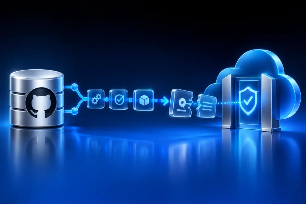 GitHub Actions to Azure: Fix Federated Credential Mismatches Conceptual illustration: a silver source repository branching into a blue deployment pipeline, a broken identity-token connector being aligned with a cloud trust gate.