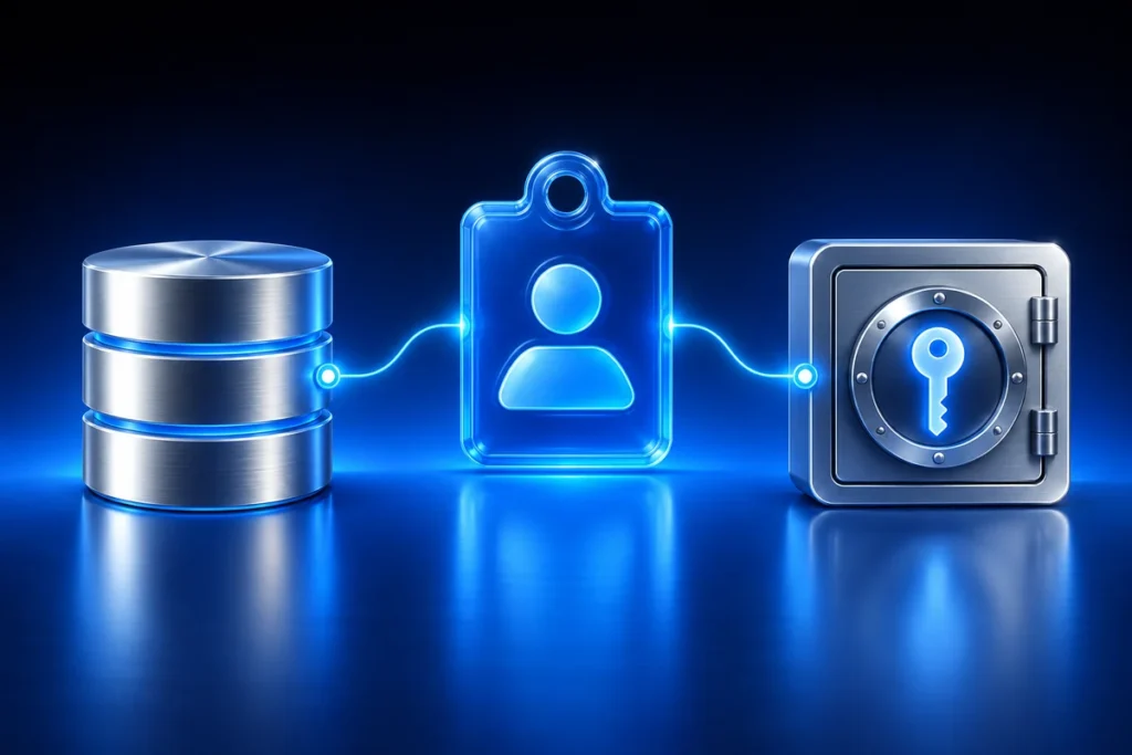 Azure Managed Identities: Scope Blob Storage and Key Vault Access Conceptual illustration: a blue workload identity badge granting narrow access to a silver storage cylinder and a key vault, two fine scoped blue connectors.