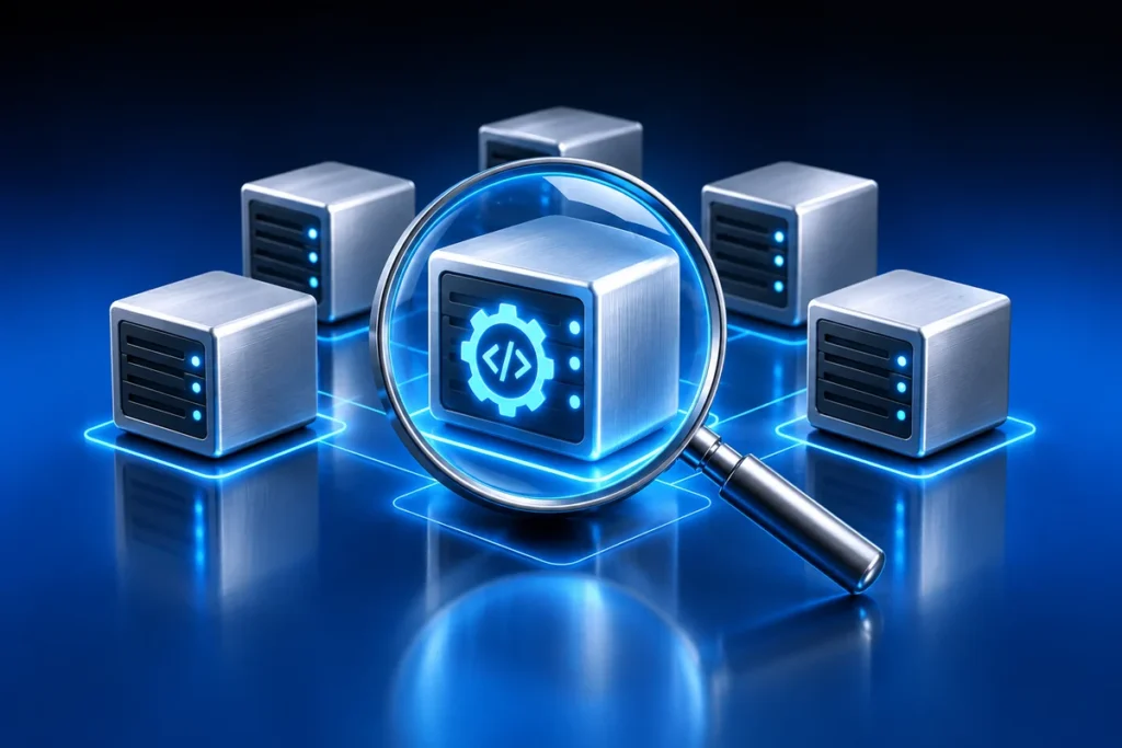 Conceptual illustration: a blue discovery magnifier scanning a cluster of silver virtual machines and revealing one small web-runtime gear.