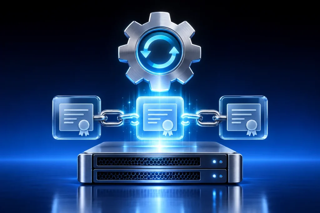 VMware Aria Automation: Troubleshoot Incomplete TLS Certificate Chains Conceptual illustration: a floating automation gear above a silver server and a chain of three luminous certificate tiles, a missing middle link being restored.