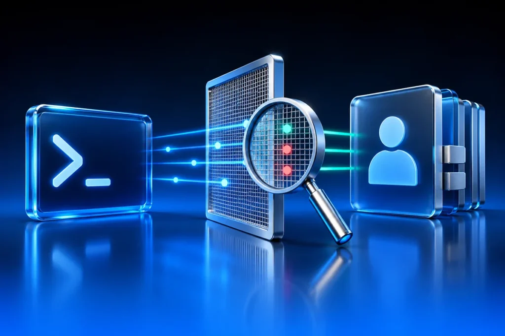 SSH Rejects an AD User: Check SSSD Access Filters Conceptual illustration: a blue terminal reaching a directory user badge through a fine filter mesh, a small administrator magnifier inspecting the access boundary.