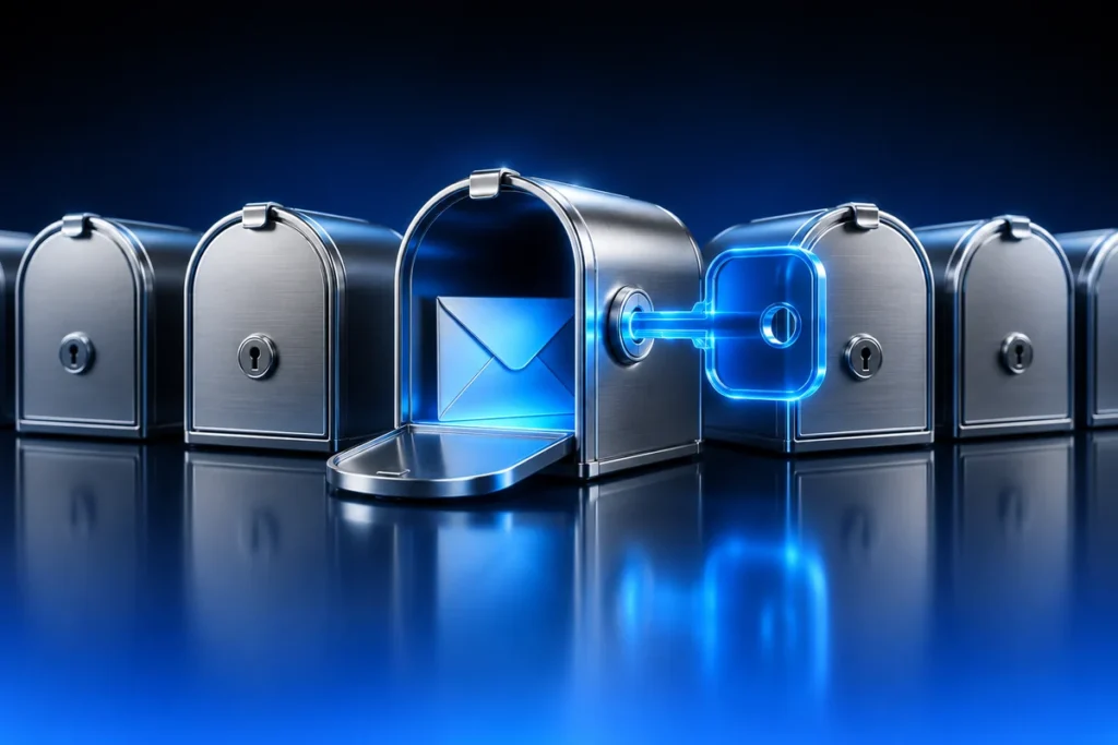 Exchange Online: Restrict Application Access to a Single Mailbox Conceptual illustration: one blue application key opening exactly one silver mailbox while a row of other mailboxes stays securely closed.