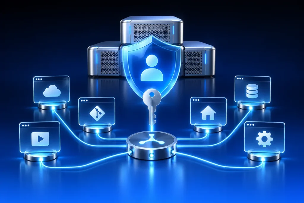 Conceptual illustration: a small silver home server cluster behind one blue identity shield, a single key reaching several service windows through a routing hub.