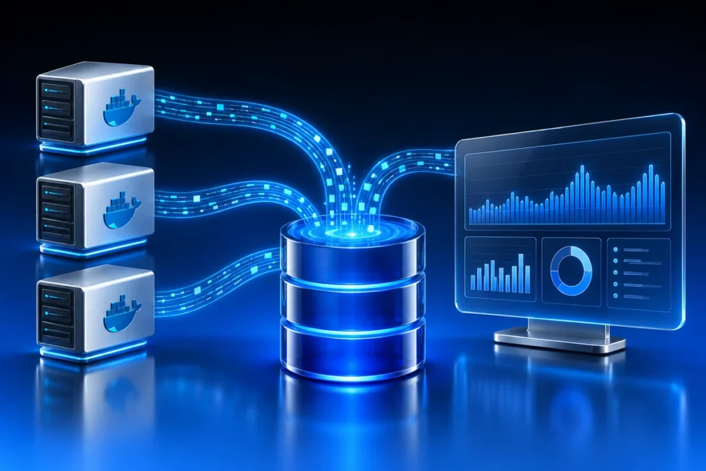 Conceptual illustration: three silver container hosts sending cyan log streams into a central blue cylinder and an elegant glass observability chart.