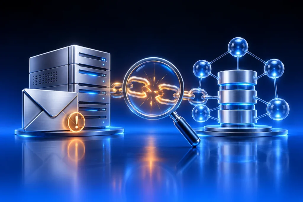 When DNS Breaks Email: Troubleshoot Mailu and Unbound Conceptual illustration: a silver mail server and envelope stalled beside a DNS resolver network, an amber broken trust link being inspected with a blue magnifier.