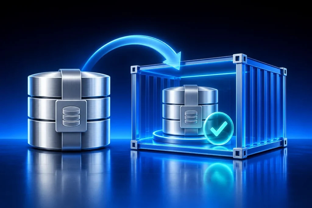 Test Your Docker Backups with an Isolated Restore Conceptual illustration: a silver backup archive copied into a separate isolated blue container enclosure with an independent restore checkmark.