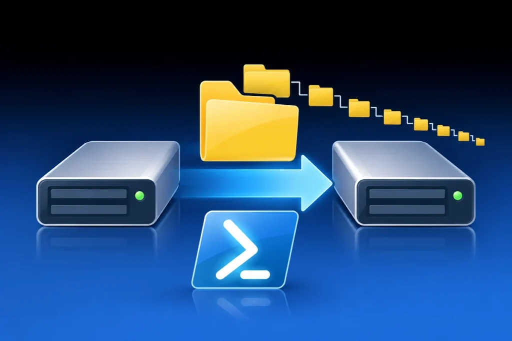 Windows Server File Migration: Fix Long-Path Errors with Robocopy Folders moving between two storage drives, representing a Windows Server file migration.