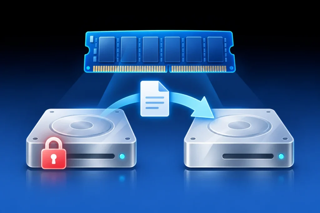 Move the Windows Page File Before Removing a Data Volume A memory module and paging-file document moving between storage drives.