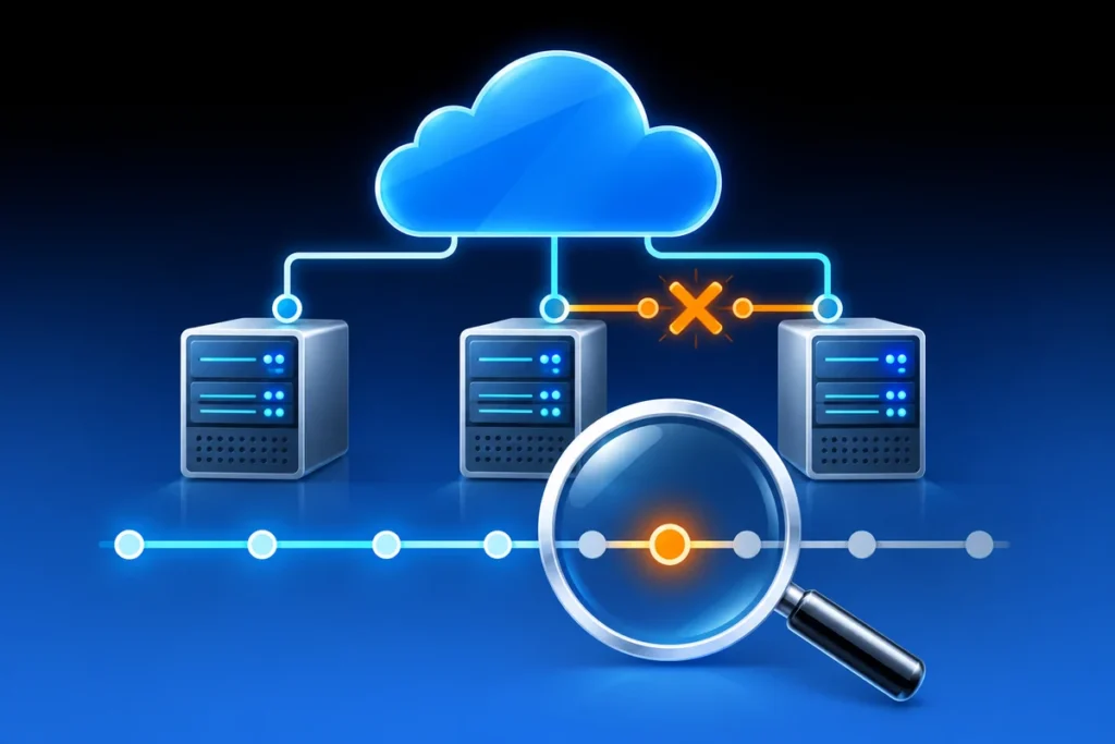 Cluster servers and a cloud with an interrupted network connection and an event timeline.