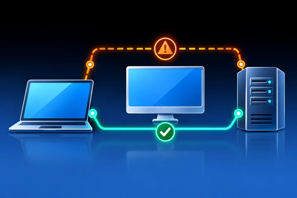 RDP Works from Horizon but Not Your Laptop: What to Check Two remote-access routes from a laptop and virtual desktop to a server, with one path interrupted.