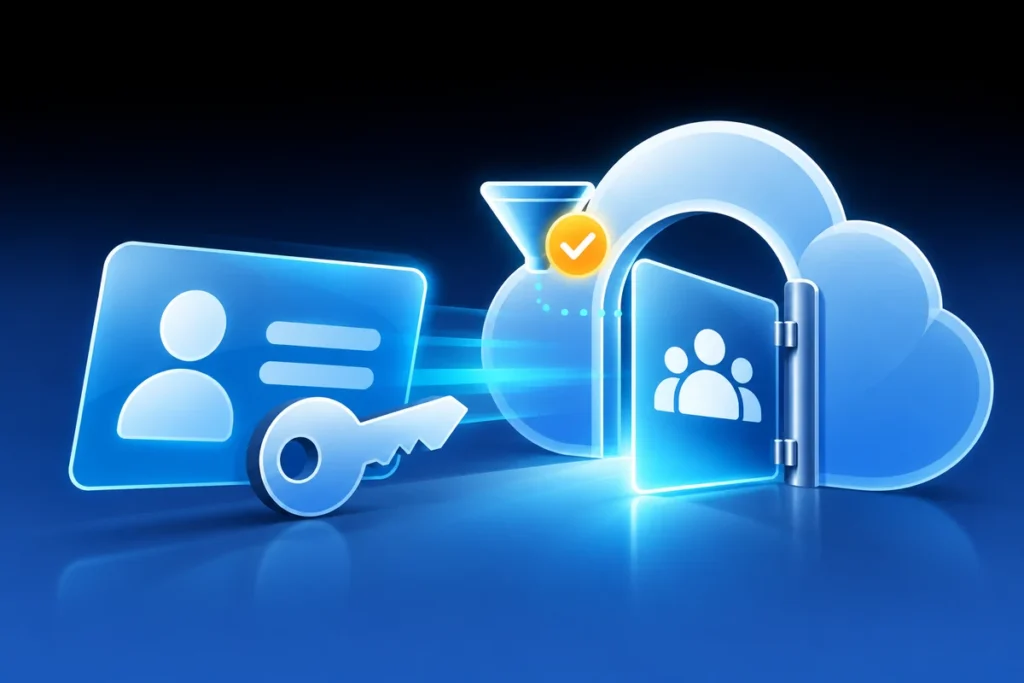 Azure RBAC Conditions: Why Your Role Assignment Is Blocked An identity key passing through a conditional access-management filter toward a cloud resource.