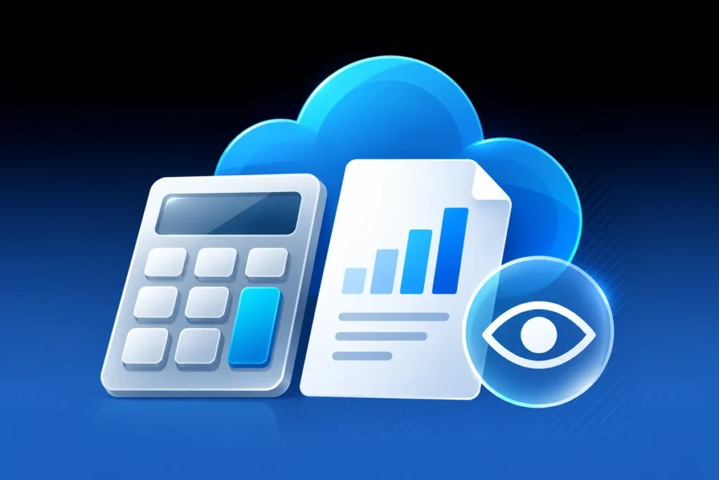 An invoice, calculator and read-only eye beside a cloud billing symbol.