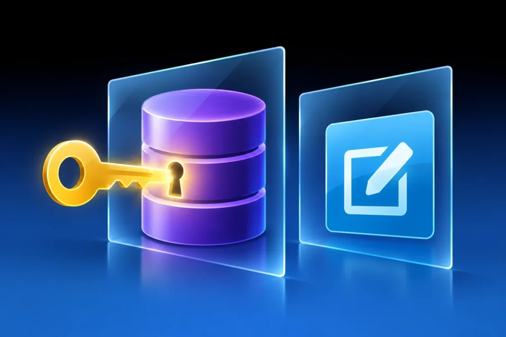 Dataverse Access: Why Environment Maker Is Not Enough A database and app-building tile with separate keys representing maker and data permissions.