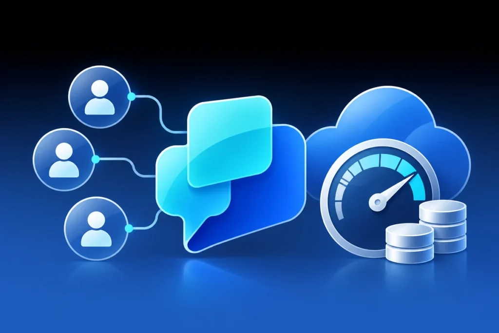 A chat-agent symbol, user group and usage meter illustrating agent access and consumption.