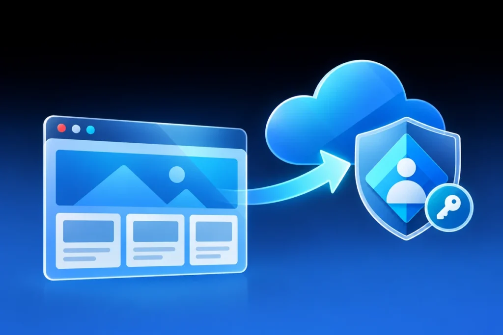 A static webpage, cloud and identity shield representing Microsoft Entra single sign-on.