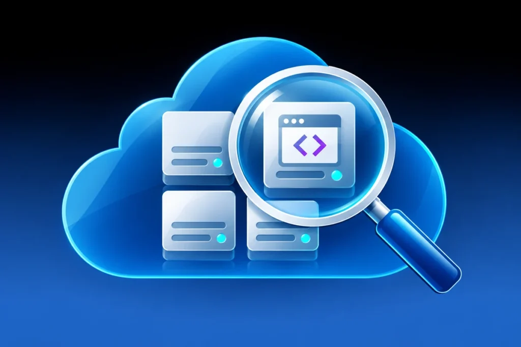 Use Azure Migrate Discovery to Find PHP Workloads in AVS A magnifying glass examining virtual server tiles and a web-runtime symbol inside a cloud.