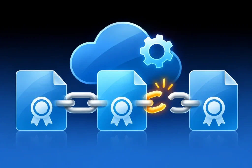 VMware Aria Automation: Troubleshoot Incomplete TLS Certificate Chains Digital certificates joined by a chain with one missing link beside an automation cloud.