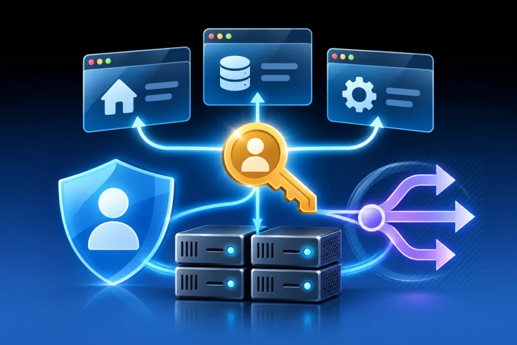 Add Homelab SSO with Authentik and Traefik One identity key opening several homelab applications through a reverse-proxy gateway.
