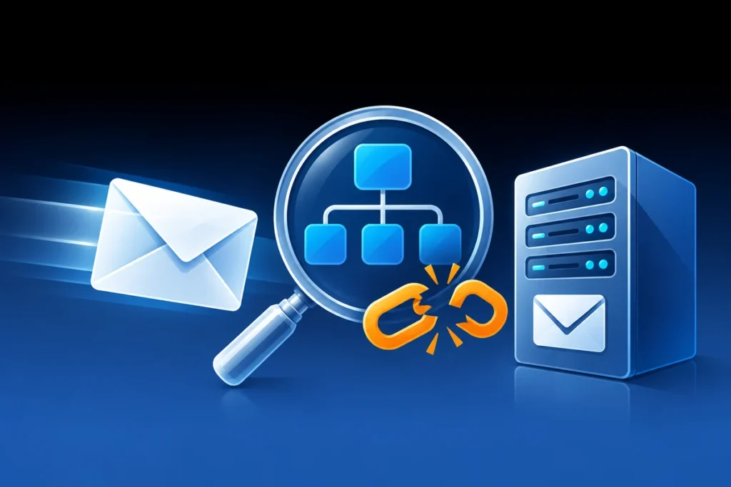 An email envelope and mail server with a DNS tree and broken validation link under a magnifying glass.