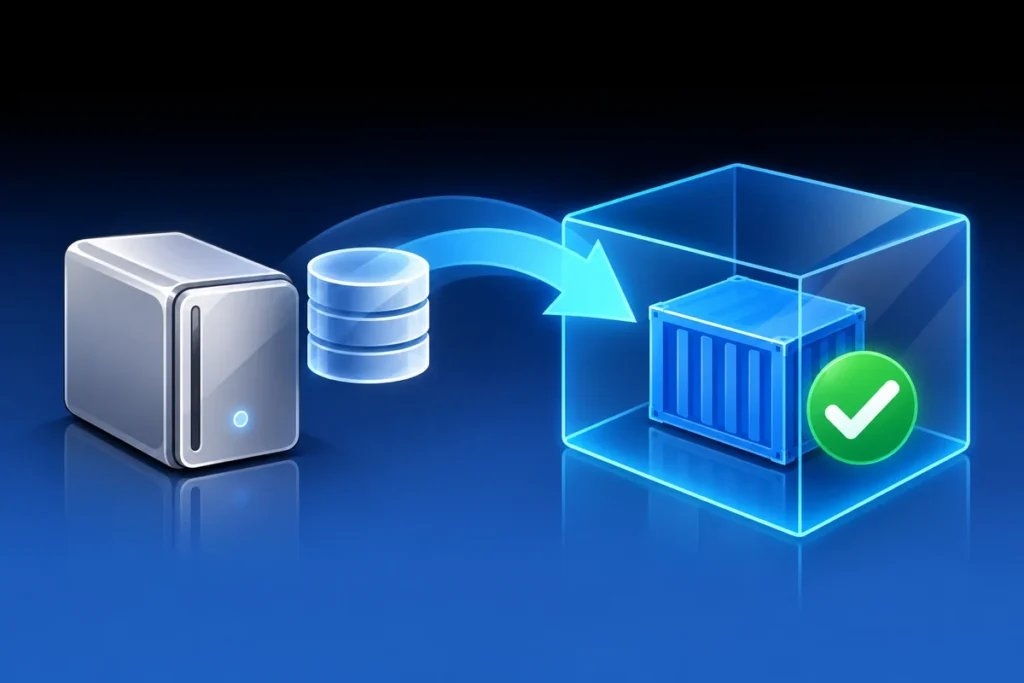 Test Your Docker Backups with an Isolated Restore A backup device restoring into a separate sandboxed container with a verification tick.